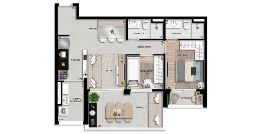 70 M² - 2 DORMITÓRIOS, SENDO 1 SUÍTE. Apartamento na Penha com living integrado à cozinha e ao terraço grill. Destaque para suíte casal, com terraço e espaço home office.