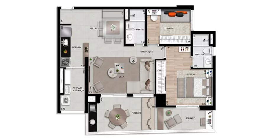 89 M² - 2 DORMITÓRIOS, SENDO 1 SUÍTE. Apartamento na Penha com living ampliado, com boca de sala de quase 5 m integrada à cozinha e ao terraço gourmet, entregue com bancada e churrasqueira.