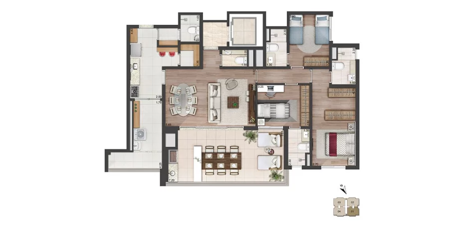 137 M² - 3 SUÍTES. Apartamento com elevador e hall privativo, que dá acesso ao amplo living c/ lavabo integrado ao terraço gourmet de mais de 7m de frente. Todas as suítes contam com infra para ar-condicionado.