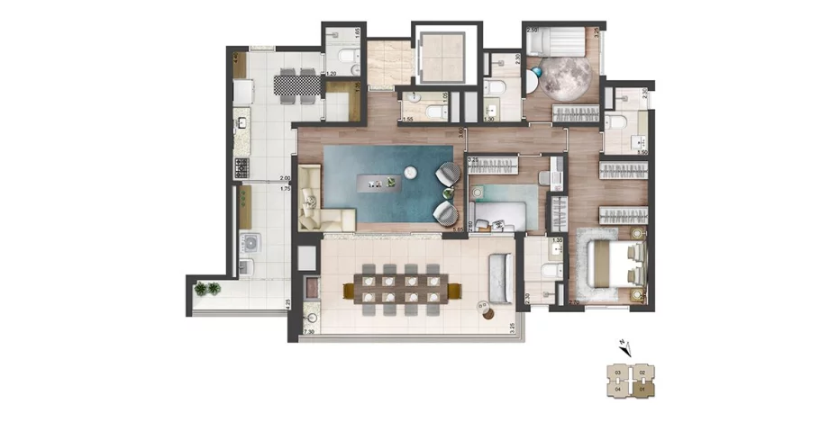 137 M² - 3 SUÍTES. Apartamento com elevador e hall privativo, que dão acesso ao amplo living c/ lavabo integrado ao terraço gourmet de mais de 7m de frente. Opção de copa mais integrada à cozinha, c/ fácil acesso ao banheiro e dispensa.