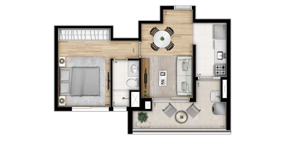 40 M² - 1 SUÍTE. Apartamentos na Bela Vista, com destaque para integração entre o living e terraço, proporcionando maior área social, para você receber seus amigos.