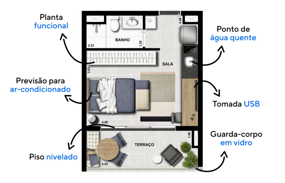 30 M² - STUDIO no Campo Belo com planta funcional que conecta os espaços mas consegue separar as funções. Destaque para o terraço que foi configurado com mesa de jantar e área de estar.