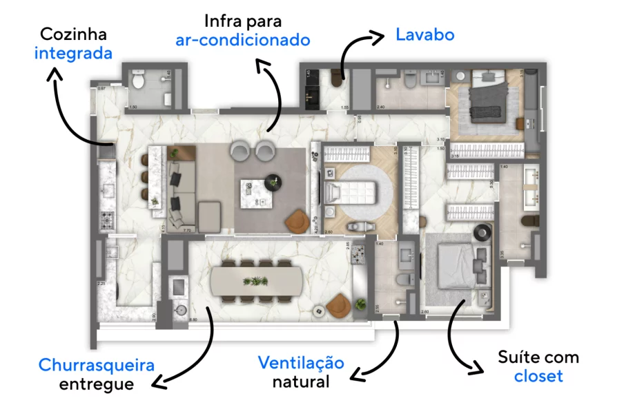 131 M² - 3 SUÍTES. Apartamentos na Vila Mariana, com opção de cozinha aberta integrada ao living. Destaque para o living com boca de sala com mais de 6 metros.