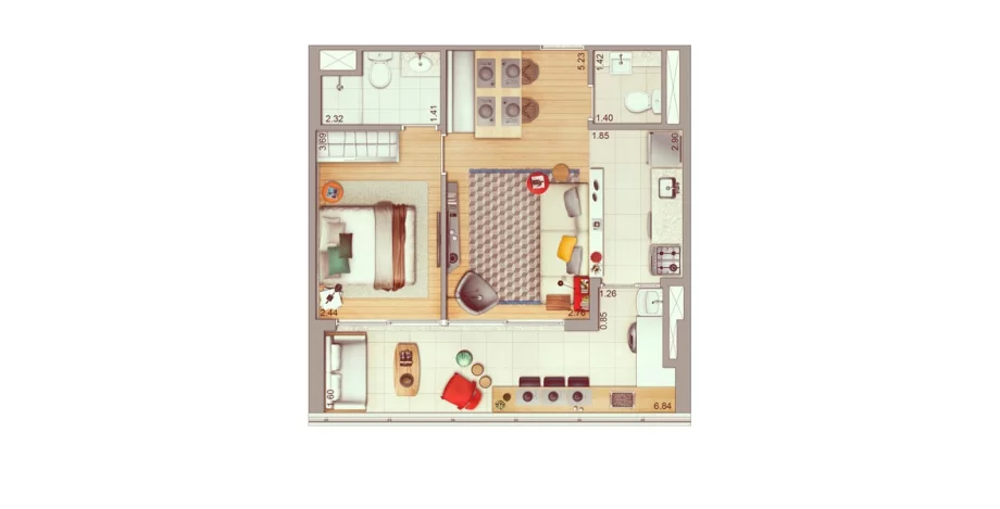 53 M² - 1 SUÍTE. Apto possui um living com lavabo e cozinha americana, integrado com o amplo terraço com passagem direta para a cozinha.