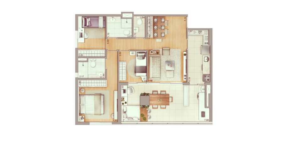 93 M² - 3 DORMITÓRIOS, SENDO 1 SUÍTE. Apto para famílias maiores, com 3 dormitórios sem prejudicar o living, que compartilha função de receber bem suas visitas com o amplo terraço.
