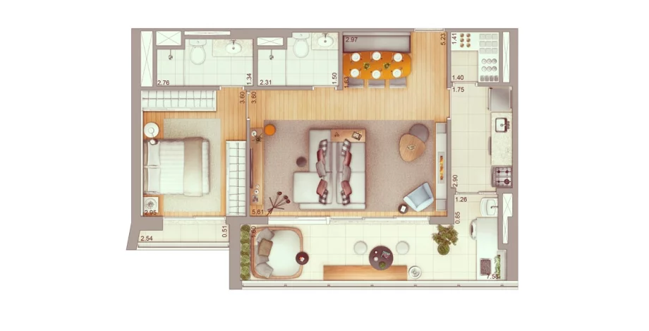 75 M² - 1 SUÍTE. Apto com ótimo living ampliado com uma boca de sala de 5,6 metros, totalmente integrado com o terraço, com passagem direta para a cozinha, que conta com um depósito. A suíte master tem ainda seu próprio terraço.