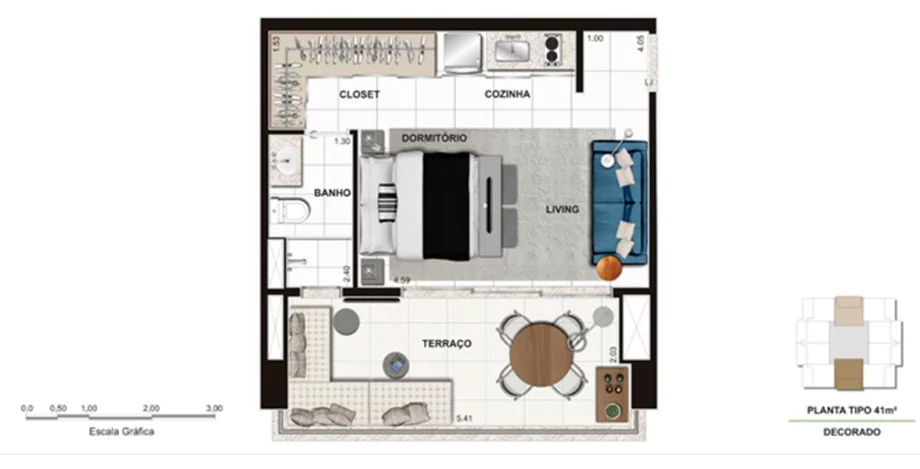 41 M² - STUDIO. Apto com banheiro isolado, closet e ampla varanda, que provavelmente será sua sala de estar.