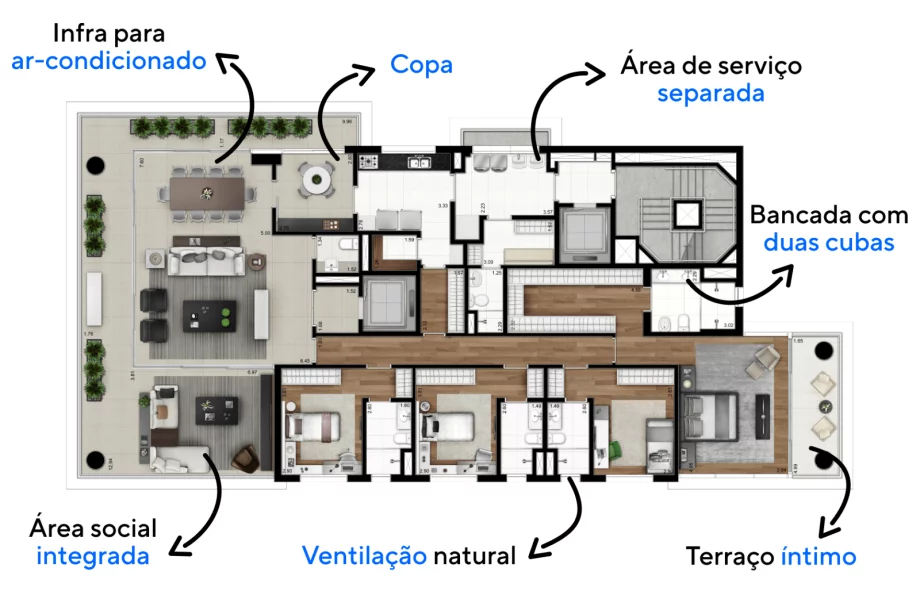 294 M² - 4 SUÍTES. Apartamentos no Ibirapuera com confortáveis suítes e ampla área social integrada ao terraço em "U". Ao lado da cozinha temos um espaço configurado como copa, para fazer refeições rápidas no dia a dia.