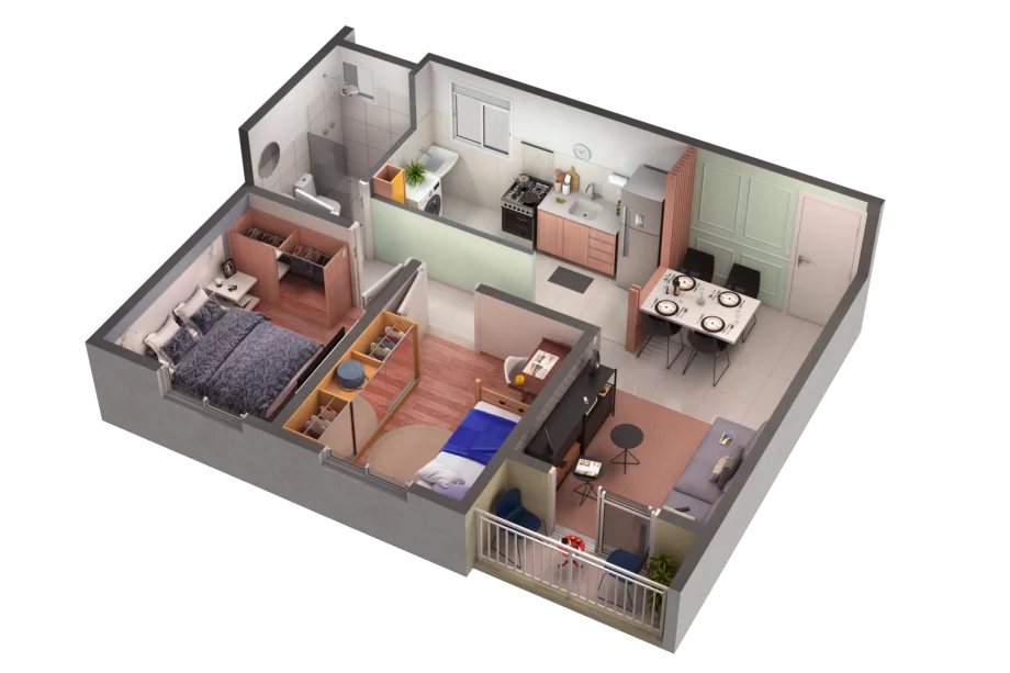 48 M² - 2 QUARTOS. Apartamento em Cotia com sala de 4,85 m de porta a porta. O terraço é uma extensão da área de estar.