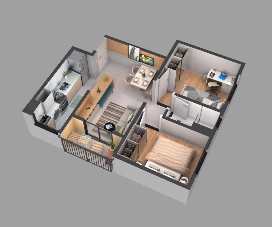 42 M² - 2 QUARTOS. Cozinha integrada à sala com acesso ao terraço. Destaque para o aparador que se transforma em bancada americana de apoio à cozinha.