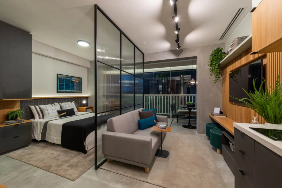 LIVING do studio de 36 m² integrado aos demais ambientes, essa configuração de planta é ideal para quem tem um estilo de vida moderno e descomplicado!