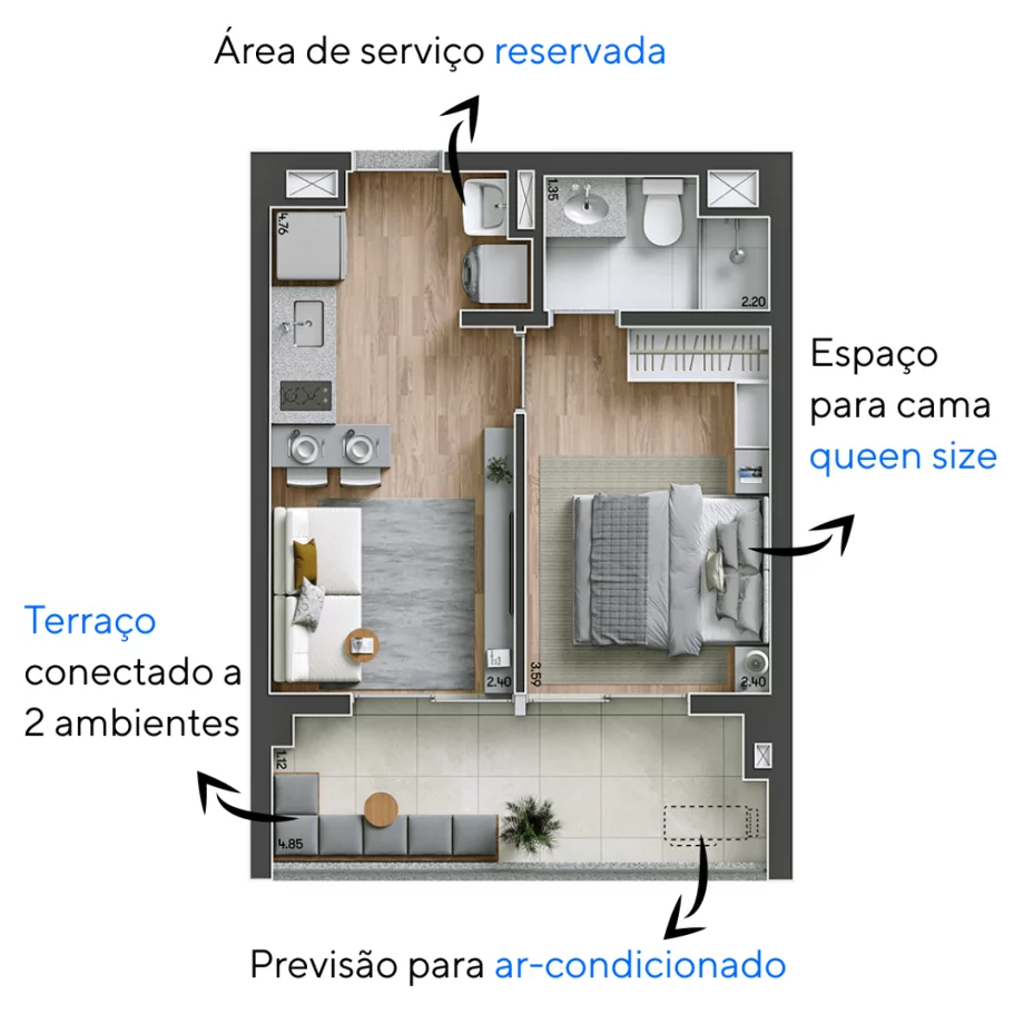 36 M² - 1 SUÍTE. Apartamento do Modo Ipiranga com suíte com espaço para cama queen size. Destaque para o terraço que se conecta a sala de estar, ampliando o espaço social do apartamento.