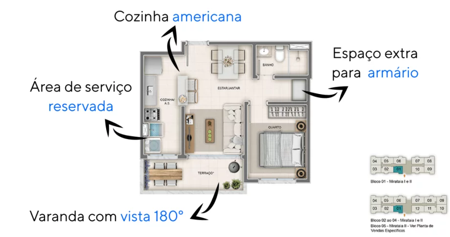 1 QUARTO. Apartamentos do Reserva Mirataia com área social conectada a cozinha e a varanda. Destaque para o espaço extra de armário ao final do corredor, assim você consegue ter maior espaço para armazenamento.