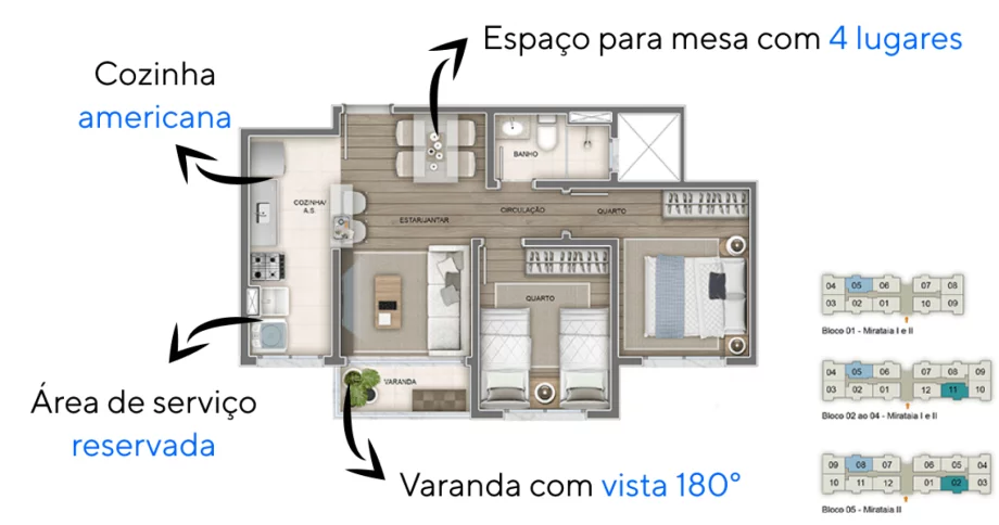 2 QUARTOS. Apartamentos em Jacarepaguá com área social integrada, as salas de TV e jantar fazem conexão com a varanda e com a cozinha, criando um espaço fluído para ficar com a família ou receber os amigos.