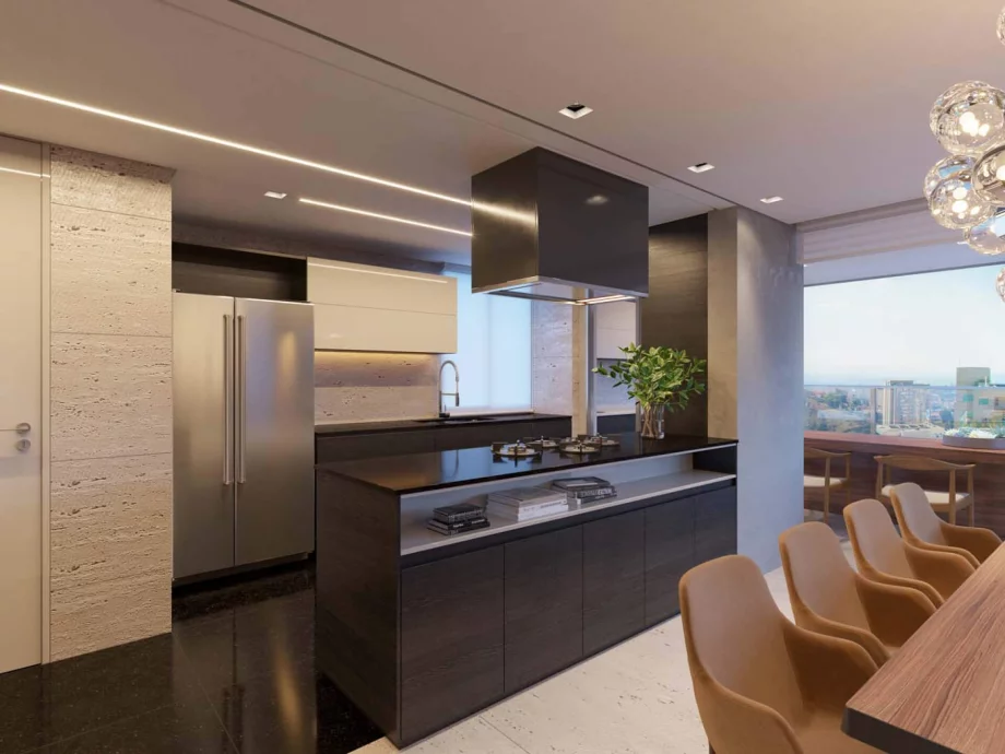 COZINHA do apto de 183 m² integrada a sala, uma configuração perfeita para quem gosta de cozinhar para os convidados pois favorece o convívio e a conversa.