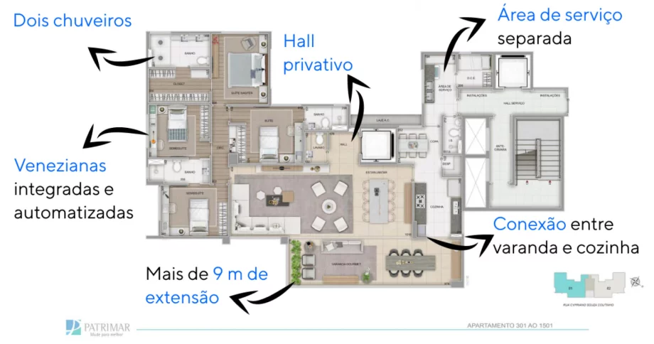 183 M² - 4 QUARTOS, SENDO 2 SUÍTES E 1 SEMI-SUÍTE. Apartamentos do St. Tropez com hall privativo, cozinha com copa, acesso social e acesso de serviço separados. Destaque para a circulação íntima, que separa suítes e área social, garantindo privacidade.