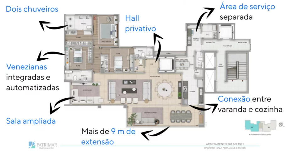 183 M² - 4 QUARTOS, SENDO 2 SUÍTES E 1 SEMI-SUÍTE. Apartamentos do Belvedere com sala ampliada para 3 ambientes e varanda que faz conexão direta com a cozinha. Espaços amplos para viver com muito conforto!