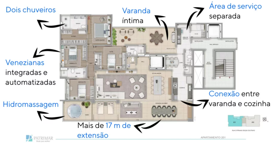 192 M² - 4 QUARTOS, SENDO 2 SUÍTES E 1 SEMI-SUÍTE. Apartamentos do St. Tropez com duas amplas varandas, sendo uma delas íntima, com acesso a uma das suítes e passagem direta para a copa.