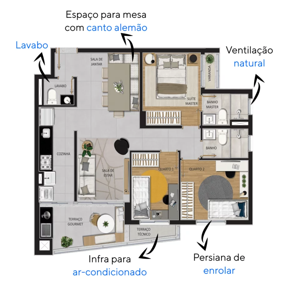 64 M² - 1 SUÍTE. Apartamentos do Art Bela Vista com porta com acesso biométrico e lavabo. A sala ampliada se conecta a sala de jantar, cozinha e terraço gourmet, criando uma extensa área para receber.