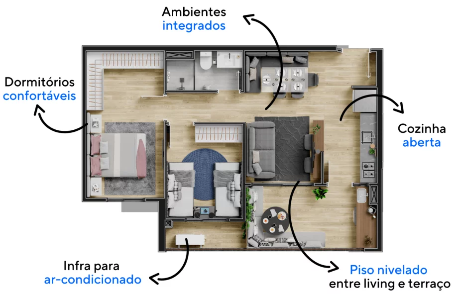 57 M² - 2 DORMITÓRIOS. Apartamentos com ambientes de estar e jantar integrados criando uma área social que favorece a convivência. Destaque para o confortável terraço configurado com um confortável espaço de estar.