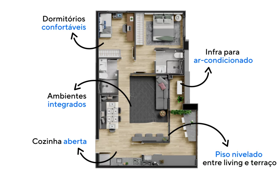 66 M² - 2 DORMITÓRIOS, SENDO 1 SUÍTE. Apartamentos com living ampliado através da remoção do terceiro dormitório, uma configuração ideal para quem gosta de receber convidados criando uma área de estar muito confortável.