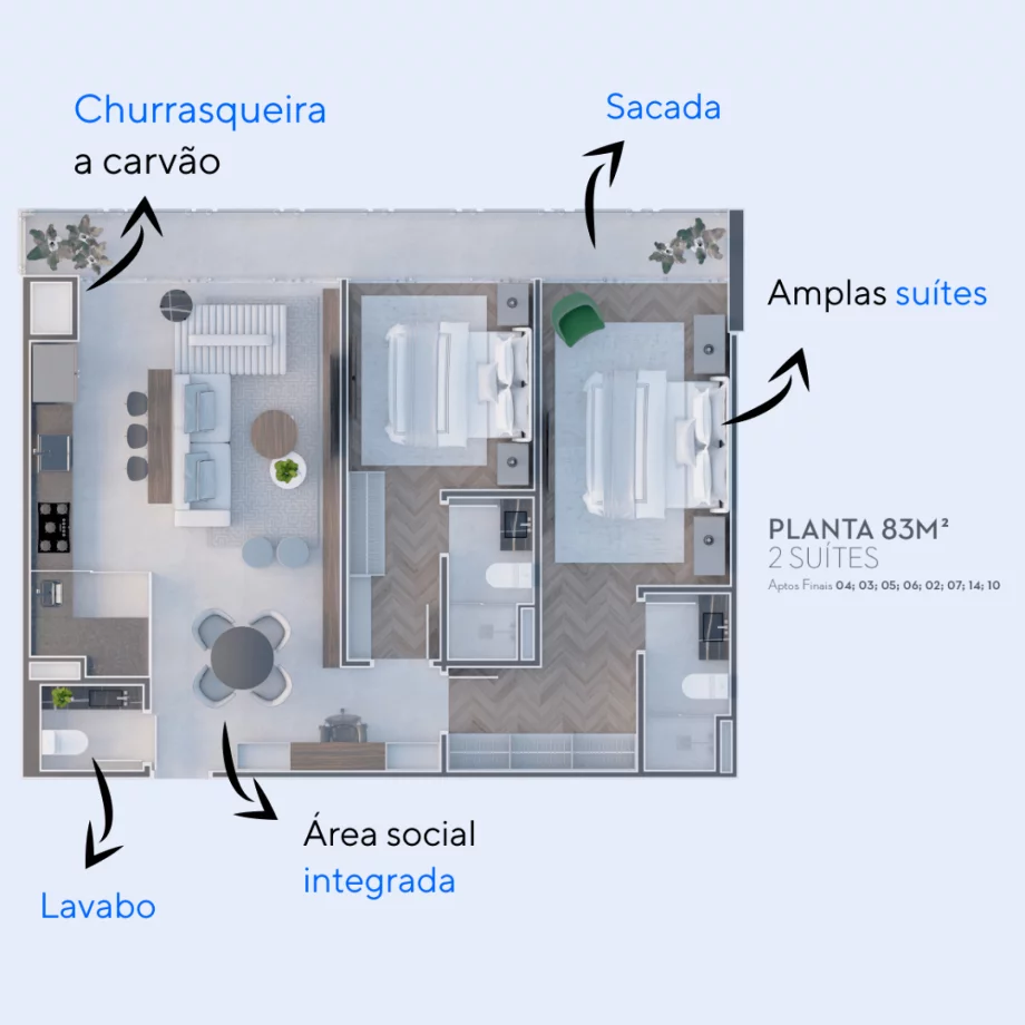 83 M² - 2 SUÍTES. Apartamentos no The Spot One com área social integrada à cozinha e amplas suítes que possuem acesso direto à sacada, proporcionando iluminação natural no interior de toda a residência.