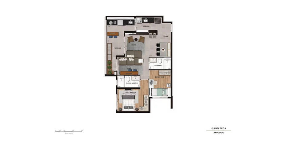 71 M² - 2 DORMS., SENDO 1 SUÍTE. Apartamento em Pinheiros com living ampliado integrado ao ótimo terraço com mais de 6 metros de frente e com passagem direta para a cozinha.