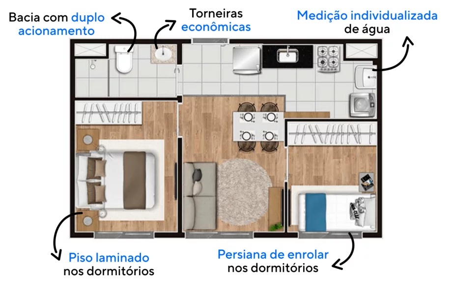 34 M² - 2 DORMITÓRIOS. Apartamentos com área social ao centro da planta, possibilitando uma configuração funcional que divide muito bem os ambientes íntimos e de estar.