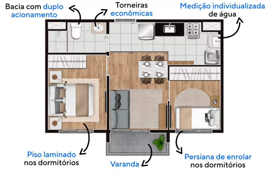 36 M² - 2 DORMITÓRIOS. Apartamentos com área social integrada, configurada com conceito aberto, a cozinha e o living são conectados, proporcionando uma boa convivência entre os espaços sociais.