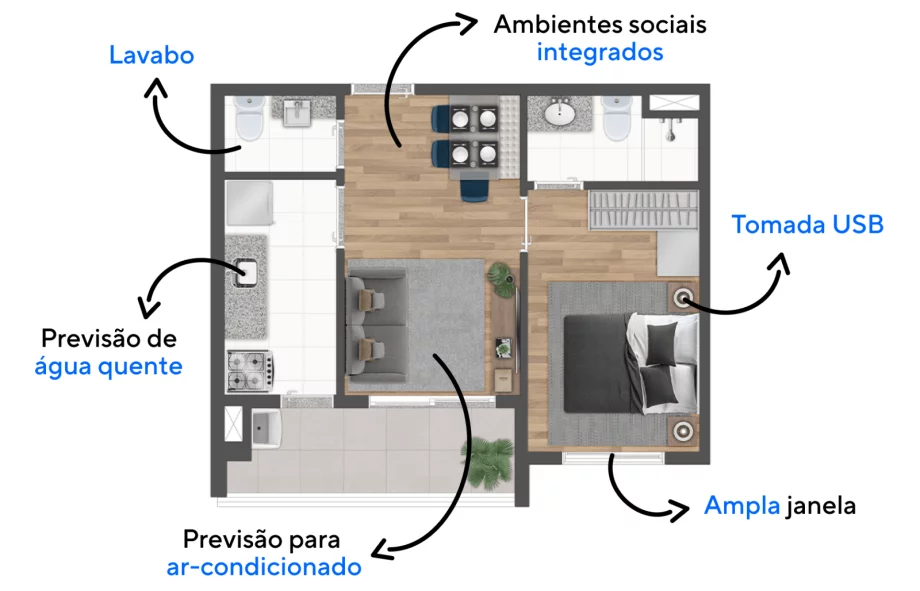 39 M² - 1 SUÍTE. Apartamentos com área social conectando os espaços de estar e jantar, criando um ambiente totalmente integrado que favorece o convívio e recebe bem seus convidados.