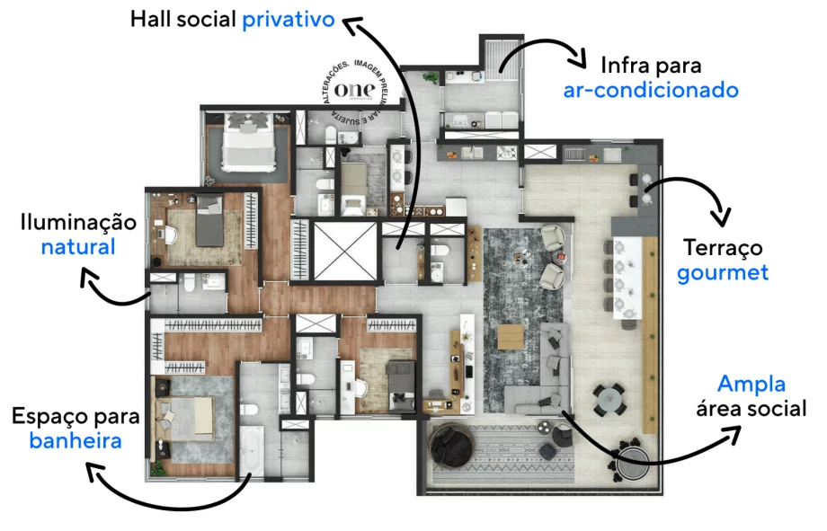 230 M² - 4 SUÍTES. Apartamentos com hall social privativo dando acesso direto a unidade. O amplo terraço gourmet possibilita diversas configurações, assim você pode criar ambientes estendendo sua área social interna.