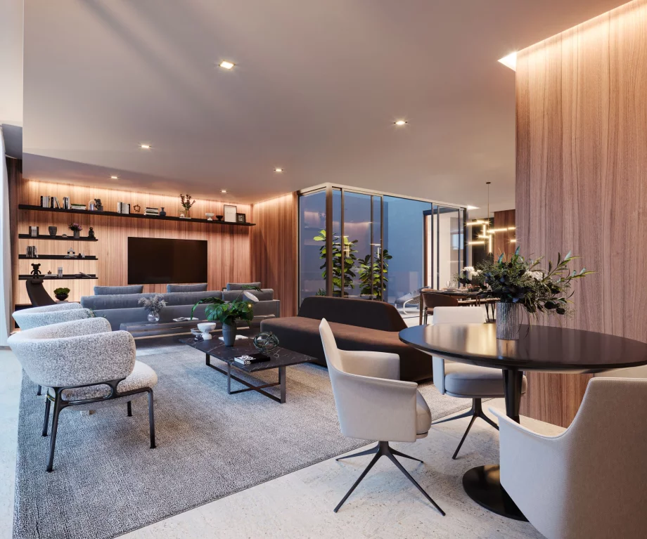 LIVING da casa integrando a sala de TV e ambientes de estar, com mais de 45 m² cria-se uma área social confortável para o dia a dia da família e também para receber bem convidados.