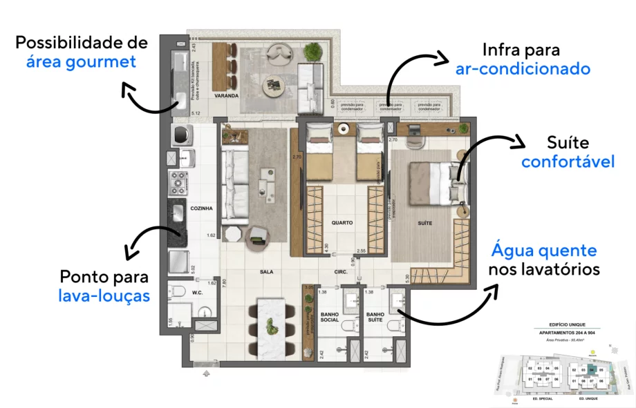 95 M² - 2 QUARTOS, SENDO 1 SUÍTE. Apartamentos com varanda que faz conexão direta com a cozinha e com a sala, além de contar com previsão para bancada, cuba e churrasqueira.