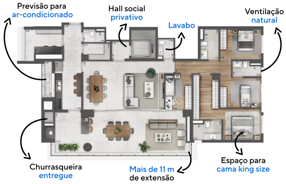 190 M² - 4 DORMITÓRIOS, SENDO 1 SUÍTE. Apartamentos com boa setorização entre área social e dormitórios, proporcionando maior privacidade aos momentos íntimos dos moradores. Destaque para a suíte master com espaço para closet e cama king size.