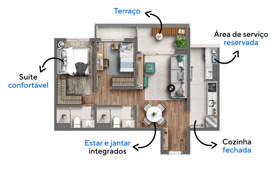 68 M² - 2 DORMITÓRIOS, SENDO 1 SUÍTE. Apartamentos com boa setorização entre dormitórios e ambientes sociais, proporcionando maior privacidade aos momentos de descanso dos moradores.