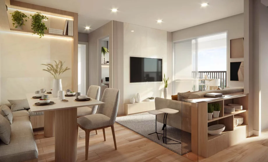 LIVING do apto de 63 m² com ambientes de estar e jantar integrados favorecendo a conversa entre os espaços, assim você consegue interagir diretamente com sua família e amigos de qualquer lugar da área social.