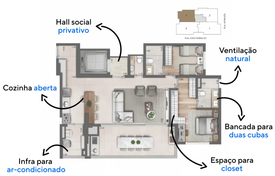 115 M² - 2 SUÍTES. Apartamentos configurados com sala ampliada e cozinha aberta, um layout que cria uma ampla área social proporcionando fluidez e conexão entre os ambientes.
