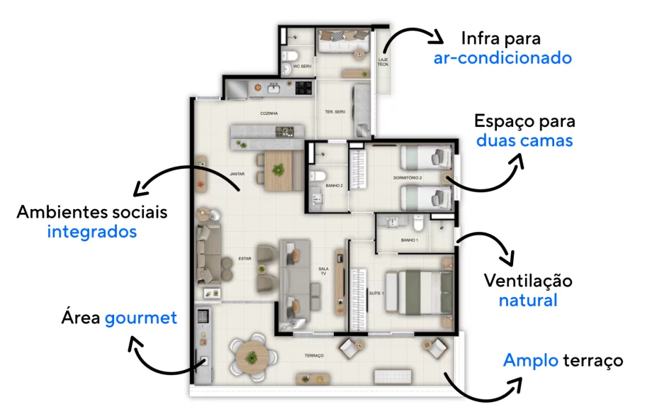 112 M² - 2 SUÍTES. Apartamentos com living ampliado que possibilita área social com mais de 3 ambientes: sala de estar, sala de TV e sala de jantar. Conforto para o cotidiano da sua família!