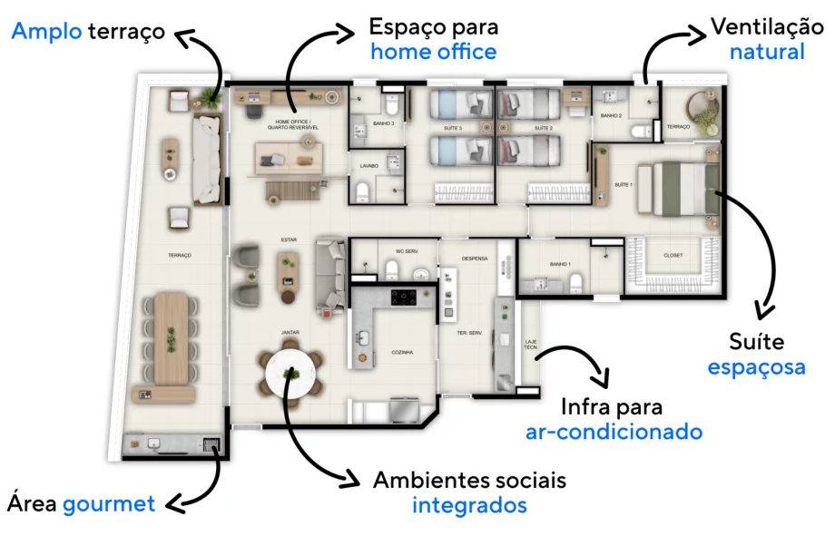 165 M² - 3 SUÍTES. Apartamentos com quarto reversível, uma sugestão de configuração para quem deseja ter um ambiente extra para receber convidados ou para quem necessita de um espaço de home office para trabalhar de casa.