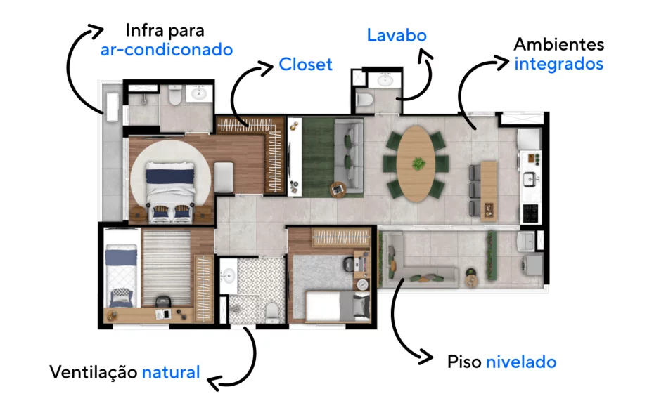 98 M² - 3 DORMITÓRIOS, SENDO 1 SUÍTE. Apartamentos com confortáveis dormitórios que possuem espaço para colocação de bancada e suíte com espaço para closet aberto.