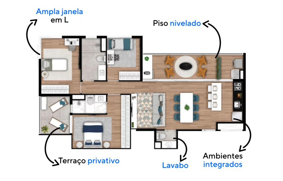 102 M² - 3 DORMITÓRIOS, SENDO 1 SUÍTE. Apartamentos com terraço social e confortável terraço íntimo, um ambiente que faz ligação direta com a suíte e estende a sua área de descanso.