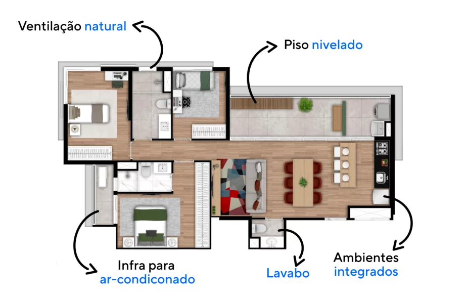 102 M² - 3 DORMITÓRIOS, SENDO 1 SUÍTE. Apartamentos com ampla sala integrada à cozinha, um ambiente que pode receber mesa para 6 lugares, bancada para refeições rápidas e confortável área de estar com TV.