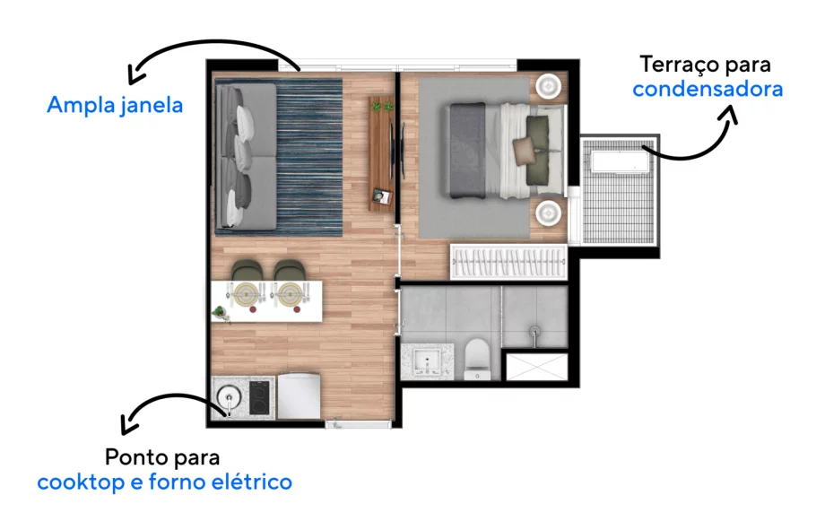 31 M² - 1 DORMITÓRIO. Apartamentos flexíveis, configurados com dormitório reversível que permite integração total dos espaços a qualquer momento.