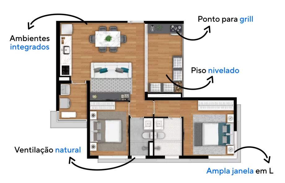 73 M² - 2 QUARTOS, SENDO 1 SUÍTE. Apartamentos com piso nivelado que possibilita integração total entre cozinha, sala e terraço, configuração que valoriza a convivência e oferece flexibilidade para que você configure a sua residência como desejar.