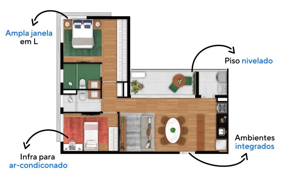 74 M² - 2 QUARTOS, SENDO 1 SUÍTE. Apartamentos com área de serviço totalmente separada da cozinha e do terraço, divisão que otimiza o uso dos espaços especialmente na hora das tarefas domésticas.
