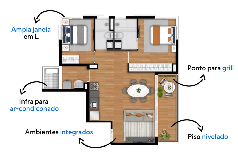 75 M² - 2 QUARTOS, SENDO 1 SUÍTE. Apartamentos com confortáveis dormitórios que possuem espaço para cama de casal, destacando a suíte que possui ótima extensão para instalar guarda-roupa.
