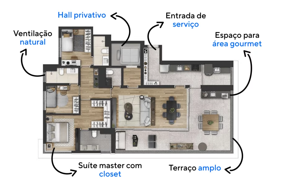 148 M² - 3 SUÍTES. Apartamentos com hall privativo e terraço em formato de "L" que contorna a área de estar possibilitando criar diferentes ambientes de lazer.