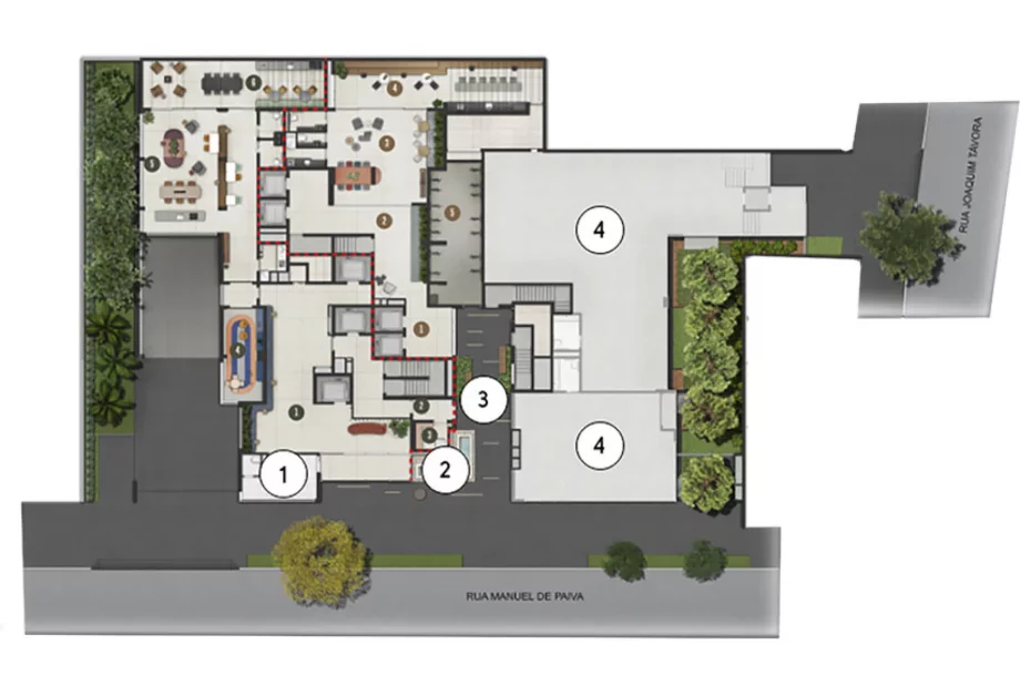 IMPLANTAÇÃO - TÉRREO do Evolve Vila Mariana com acesso aos residenciais e studios totalmente independentes, além de áreas de convívio e lazer exclusivos para cada uma das tipologias de apartamentos.