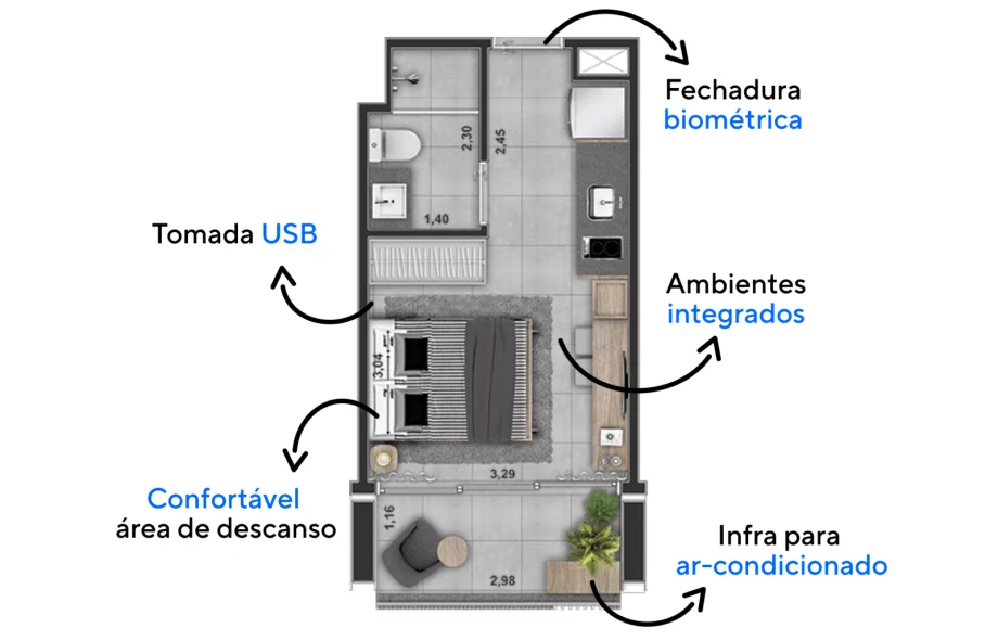 25 M² - STUDIO com planta linear integrando todos os ambientes internos e confortável terraço de estar, uma tipologia para quem vive uma vida moderna e busca aproveitar os melhores momentos junto a cidade.