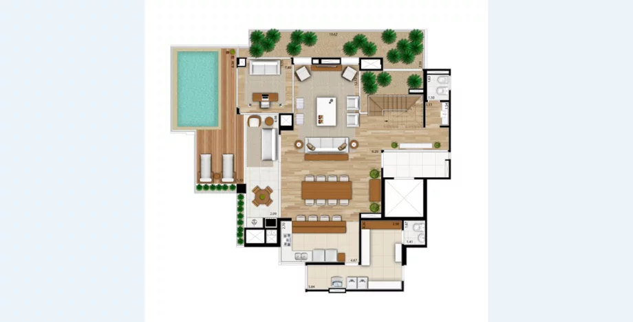 342 M² - 4 SUÍTES. Cobertura duplex inferior inteiramente dedicada à área social, com cozinha integrada ao living e terraço gourmet com churrasqueira e um exclusivo espaço para sua piscina.